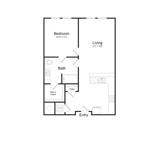 Floor plan for 1 bed, 1 bath, 763 sqft